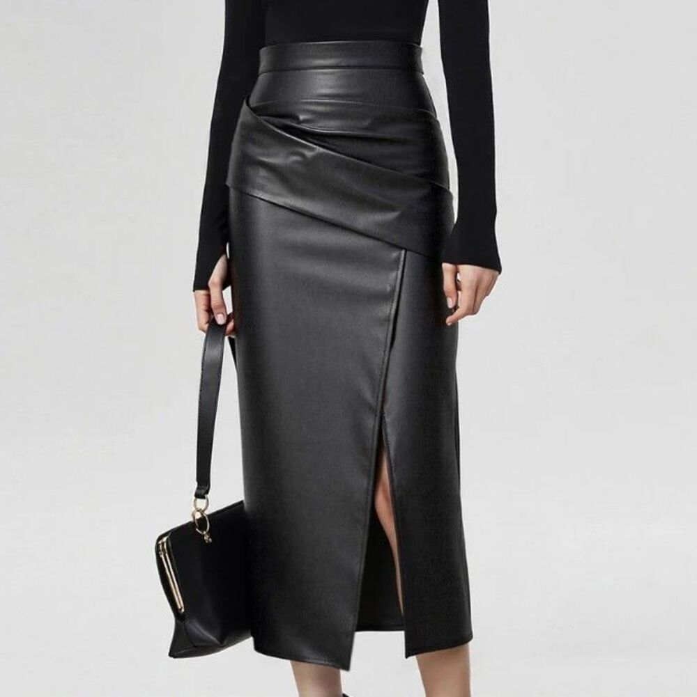 NWT Commense Faux Leather Ruched Slit Midi Bodycon Pencil Skirt - Black - Size L